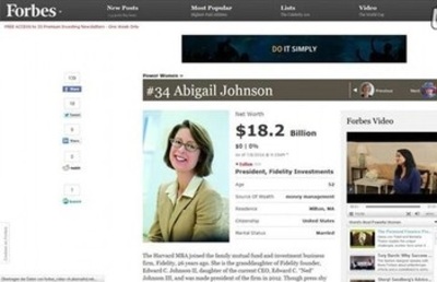 ابیگیل جانسون، با ثروت ۱۷ میلیارد و ۳۰۰ میلیون دلاری مکان هفتم فهرست ثروتمندترین زنان جهان را به دست آورده است. این زن کارآفرین یکی از مدیران ارشد اجرایی در آمریکاست و هم اکنون به عنوان مدیرعامل اجرایی شرکت سرمایه‌گذاری 
